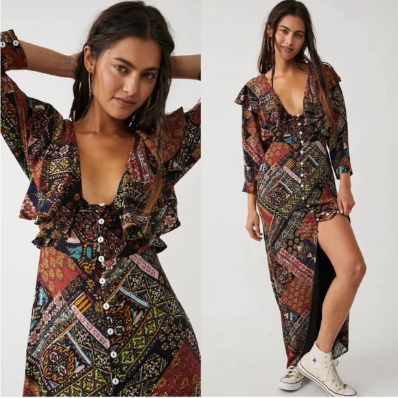 NWT Free People Lennon Patchwork Printed Ruffle Collar Boho Maxi Dress Size XL